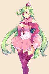 Rule 34 | 1girl, absurdres, bare shoulders, blush, bonkiru, breasts, cleavage, closed mouth, corset, creatures (company), crown, curvy, dress, frills, game freak, garter straps, gen 7 pokemon, gloves, green hair, highres, large breasts, legs, lipstick, long hair, looking to the side, makeup, mascara, mini crown, neck ruff, nintendo, off shoulder, personification, pink lips, pokemon, pokemon sm, purple dress, purple eyes, purple gloves, purple thighhighs, skirt, solo, standing, swept bangs, thick thighs, thighhighs, thighs, tsareena, very long hair