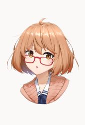 Rule 34 | 1girl, ahoge, blue dress, blue ribbon, blush, brown cardigan, brown eyes, brown hair, cardigan, commentary, commentary typo, cropped torso, dress, english commentary, glasses, grey background, highres, kafeifeifeifeifeifei jiemo jun, kuriyama mirai, kyoukai no kanata, looking at viewer, neck ribbon, open cardigan, open clothes, parted lips, red-framed eyewear, ribbon, simple background, solo