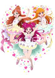 Rule 34 | 3girls, :d, absurdres, alternate hair length, alternate hairstyle, arm up, armpits, arms up, asahina mirai, blonde hair, blue eyes, blue skirt, bow, brown hair, character name, choker, collarbone, floating hair, full body, go! princess precure, hair bow, hair ornament, haruno haruka, high heels, highres, jewelry, layered skirt, long hair, looking at viewer, mahou girls precure!, miniskirt, multiple girls, necklace, nita (onakatohoppe), one side up, open mouth, outstretched arm, outstretched arms, pink bow, pink footwear, pink skirt, precure, pumps, purple eyes, red eyes, red hair, shirt, simple background, skirt, sleeveless, sleeveless shirt, smile, very long hair, white background, white bow, white shirt, white skirt, wrist cuffs, yellow skirt, yes! precure 5, yumehara nozomi