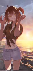 Rule 34 | 1girl, ahoge, akira (akira arika d), backlighting, bad id, bad pixiv id, beach, breasts, closed mouth, fate/grand order, fate (series), fujimaru ritsuka (female), fujimaru ritsuka (female) (tropical summer), hair ornament, hair scrunchie, hawaiian shirt, highres, looking at viewer, medium breasts, navel, ocean, official alternate costume, one side up, orange eyes, orange hair, orange sky, scrunchie, shirt, shorts, sky, smile, solo, sunset, thighs, tied shirt, tropical summer (fate), wading, white shorts