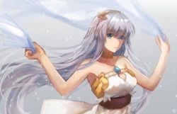 Rule 34 | 1girl, anastasia (fate), bare shoulders, blue eyes, breasts, cleavage, collarbone, dress, fate/grand order, fate (series), grey background, hair over one eye, hairband, highres, jewelry, kankitsurui (house of citrus), large breasts, long hair, looking at viewer, medium breasts, neck ring, necklace, parted lips, pendant, shawl, silver hair, solo, upper body, very long hair, white dress