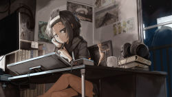 Rule 34 | 1girl, bare legs, book, bookshelf, brown eyes, cable, chair, crossed legs, cup, desk, drawing tablet, feet out of frame, figure, genek, hair ornament, hairclip, hands up, head rest, headphones, highres, holding, holding stylus, hood, hoodie, indoors, looking at viewer, monitor, mug, night, original, poster (object), railing, scenery, sideways glance, sitting, solo, stylus, thighs, wall, window