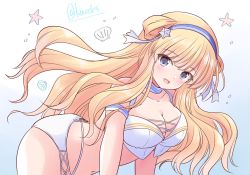 Rule 34 | 1girl, bikini, blonde hair, blue background, breasts, cleavage, double bun, fletcher (kancolle), gradient background, hair bun, hair ornament, hairband, highres, kantai collection, large breasts, long hair, navel, one-hour drawing challenge, purple eyes, shizuna kaede, smile, star (symbol), star hair ornament, stomach, swimsuit, white background, white bikini