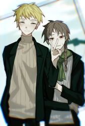 Rule 34 | 2boys, atou haruki, black jacket, black pants, blonde hair, braid, brown sweater, chinese commentary, chromatic aberration, closed eyes, closed mouth, commentary request, green scarf, grey sweater, harada minoru, height difference, highres, jacket, kyoko (akakikyoko), long sleeves, male focus, multiple boys, open clothes, open jacket, pants, red eyes, ribbed sweater, saibou shinkyoku, scar, scar on face, scar on forehead, scarf, short hair, side braid, single braid, smile, sweat, sweater, turtleneck, turtleneck sweater, v