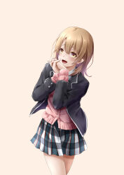 Rule 34 | 13enter, 1girl, black jacket, blazer, blonde hair, blush, buttoned cuffs, buttons, cardigan, cardigan under jacket, cowboy shot, hair between eyes, hands up, highres, isshiki iroha, jacket, long sleeves, medium hair, open mouth, own hands together, pink background, pink cardigan, plaid, plaid skirt, school uniform, simple background, skirt, sobu high school uniform, solo, standing, yahari ore no seishun lovecome wa machigatteiru., yellow eyes