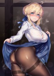 Rule 34 | 1girl, ahoge, alternate breast size, aqua eyes, artoria pendragon (all), artoria pendragon (fate), ass, black pantyhose, blonde hair, blue ribbon, blush, breasts, cleavage, clothes lift, fate/stay night, fate (series), hair ribbon, highres, hirasawa seiji, large breasts, looking at viewer, pantyhose, parted lips, ribbon, saber (fate), shiny clothes, shiny legwear, skirt, skirt lift, smell, solo, sweatdrop