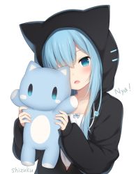 Rule 34 | 1girl, amashiro natsuki, animal ears, animal hood, black jacket, blue bow, blue eyes, blue hair, blush, bow, camisole, cat ears, cat hood, collarbone, commentary request, drawstring, fake animal ears, fang, hair over one eye, hands up, head tilt, highres, holding, holding stuffed toy, hood, hood up, hooded jacket, jacket, long hair, long sleeves, looking at viewer, open mouth, original, puffy long sleeves, puffy sleeves, romaji text, simple background, sleeves past wrists, solo, stuffed animal, stuffed cat, stuffed toy, upper body, white background, white camisole