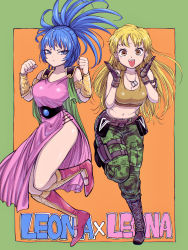 Rule 34 | 2girls, armlet, blonde hair, blue eyes, blue hair, boots, bracer, breasts, brown eyes, cape, cargo pants, character name, cleavage, cosplay, costume switch, crop top, cross-laced footwear, crossover, dog tags, dragon quest, dragon quest dai no daibouken, dress, gloves, highres, leona heidern, looking at viewer, multiple girls, name connection, navel, open mouth, pants, pink dress, princess leona, side slit, smile, stomach, takumi watanuki, tank top, teeth, the king of fighters, upper teeth only
