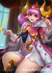 Rule 34 | 1girl, alice (arena of valor), arena of valor, crown, fire, green eyes, horns, long hair, neoartcore, open mouth, pink hair, pointy ears, signature, sitting, smile, solo, teeth, thick thighs, thighs