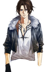 Rule 34 | 1boy, black gloves, black jacket, blue eyes, brown hair, collarbone, expressionless, final fantasy, final fantasy viii, fur-trimmed jacket, fur trim, gloves, highres, jacket, jewelry, male focus, necklace, nini tw99, open clothes, open jacket, scar, scar on face, scar on forehead, serious, shirt, short hair, simple background, single glove, solo, squall leonhart, v-neck, white background, white fur, white shirt