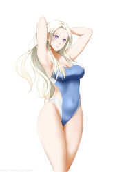 Rule 34 | 1girl, absurdres, armpits, arms up, banned artist, bare arms, bare legs, blue one-piece swimsuit, breasts, cleavage, collarbone, competition swimsuit, covered navel, edelgard von hresvelg, fire emblem, fire emblem: three houses, highleg, highleg swimsuit, highres, kimmy77, large breasts, long hair, looking at viewer, nintendo, one-piece swimsuit, parted lips, purple eyes, simple background, solo, standing, straight hair, swimsuit, very long hair, white background, white hair