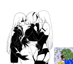 Rule 34 | 1boy, 2girls, absurdly long hair, alternate hair length, alternate hairstyle, bisexual female, blindfold, bob cut, breasts, covered eyes, food, french kiss, gloves, greyscale, hairband, highleg, highleg leotard, huqu, juliet sleeves, kiss, large breasts, leotard, long hair, long sleeves, monochrome, motion blur, multiple girls, nier (series), nier:automata, parted lips, pepe the frog, pinching, popcorn, puffy sleeves, simple background, smile, standing, sweat, very long hair, white background, 2b (nier:automata), 9s (nier:automata), a2 (nier:automata)