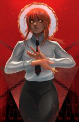 Rule 34 | 1girl, absurdres, artist name, black necktie, blood, blood halo, braid, braided ponytail, breasts, business suit, chain, chainsaw man, collared shirt, dovahcaine, formal, glowing, glowing eyes, halo, highres, liquid halo, long hair, looking at viewer, makima (chainsaw man), medium breasts, necktie, office lady, pants, red hair, shirt, shirt tucked in, sidelocks, signature, simple background, solo, suit, white shirt, yellow eyes