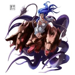 Rule 34 | 1girl, bare shoulders, blood, blood in mouth, blue hair, breasts, claws, cleavage, detached sleeves, eudetenis, full body, fur, green eyes, jewelry, long hair, monster girl, multiple heads, necklace, pointy ears, project ap, scylla, sidelocks, simple background, solo, tentacles, white background, yellow eyes