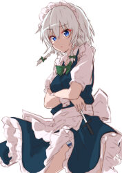 1girl apron arms_under_breasts between_fingers blue_eyes bow bowtie braid breasts commentary_request crossed_arms green_bow green_bowtie hair_bow highres holding holding_knife izayoi_sakuya knife knives_between_fingers long_hair looking_at_viewer maid maid_headdress mukkushi open_mouth panties pantyshot short_sleeves solo striped_clothes striped_panties touhou twin_braids underwear waist_apron white_apron white_hair wrist_cuffs