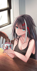 Rule 34 | 1girl, admiral graf spee (azur lane), azur lane, bare arms, bare shoulders, black hair, black shirt, blue eyes, breasts, camisole, chair, cleavage, collarbone, cup, deutschland (azur lane), highres, holding, holding cup, medium breasts, mug, multicolored hair, osisio, shirt, sitting, smile, solo, streaked hair, table, two-tone hair