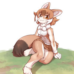 Rule 34 | 0x0082, 1girl, animal costume, animal ear fluff, animal ears, bow, bowtie, brown eyes, brown hair, closed mouth, dhole (kemono friends), dog ears, dog girl, dog tail, furry, furry female, gloves, highres, kemono friends, kemono friends 3, looking at viewer, ribbon, scarf, shirt, short hair, simple background, skirt, sleeveless, sleeveless shirt, smile, solo, tail
