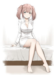 Rule 34 | 1girl, atlanta (kancolle), bare legs, barefoot, bed, blush, breasts, cleavage, closed mouth, commentary, highres, ibuki (abuki), kantai collection, large breasts, light brown hair, long hair, long sleeves, looking at viewer, naked shirt, on bed, shirt, sitting, solo, two side up, white shirt