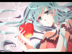 Rule 34 | 1girl, apple, aqua hair, blue eyes, camisole, food, fruit, hatsune miku, highres, holding, holding food, holding fruit, letterboxed, lying, mukkun, on side, romeo to cinderella (vocaloid), solo, vocaloid