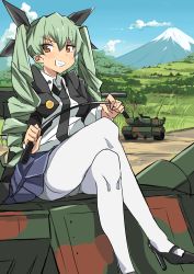 Rule 34 | 10s, 1girl, anchovy (girls und panzer), black footwear, black necktie, black ribbon, black skirt, blush, camouflage, cape, cloud, cloudy sky, commentary, crossed legs, day, dress shirt, drill hair, full body, girls und panzer, green hair, grin, hair ribbon, high heels, highres, holding, holding riding crop, long hair, long sleeves, looking at viewer, military, military vehicle, miniskirt, motor vehicle, mountain, necktie, on vehicle, outdoors, panties, panties under pantyhose, pantyhose, pleated skirt, red eyes, ribbon, riding crop, school uniform, shirt, shoes, sitting, skirt, sky, smile, solo, tak (788507), tank, thighband pantyhose, twin drills, twintails, underwear, vehicle request, white pantyhose, white shirt
