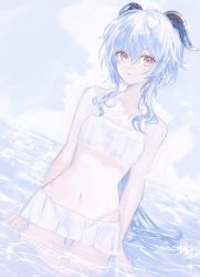 Rule 34 | 1girl, alternate costume, aqua eyes, arms at sides, asa (1asa-0-asa1), bikini, blue hair, clothing request, cloud, commentary, cowboy shot, crossed bangs, ganyu (genshin impact), genshin impact, hair between eyes, highres, horns, light blue hair, looking at viewer, outdoors, partially submerged, short hair with long locks, sky, solo, sparkle, standing, swimsuit, water, waves, wet