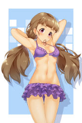 Rule 34 | 10s, 1girl, armpits, arms up, bikini, blunt bangs, blush, brown hair, commentary, frilled bikini, frills, highres, idolmaster, idolmaster cinderella girls, kamiya nao, looking at viewer, low twintails, mouth hold, navel, red eyes, solo, swimsuit, thigh gap, twintails, yuukyan (ucan85)