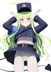 Rule 34 | 1girl, absurdres, belt, black belt, black hat, black jacket, black skirt, black tail, blue archive, blush, closed mouth, cowboy shot, demon tail, gloves, green hair, hat, highlander sidelocks conductor (blue archive), highres, jacket, long hair, long sleeves, looking at viewer, panties, pantyhose, peaked cap, pleated skirt, pointy ears, simple background, skirt, solo, striped clothes, striped panties, tail, underwear, uro kohara, white background, white gloves, white pantyhose, yellow eyes