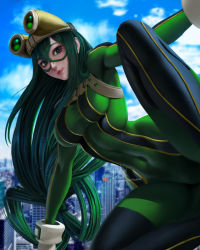 Rule 34 | 1girl, asui tsuyu, black eyes, black hair, blush, bodysuit, boku no hero academia, boots, breasts, gloves, goggles, goggles on head, green bodysuit, hair between eyes, hair rings, highres, hlulani, large breasts, lips, long hair, realistic, solo, thigh boots, thighhighs, tongue, tongue out, watermark, web address, white gloves