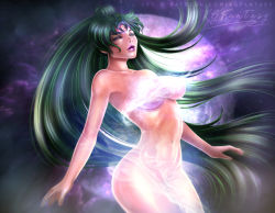 Rule 34 | 1girl, arched back, armpits, arms at sides, artist name, artistic nudity, ass, bishoujo senshi sailor moon, breasts, closed eyes, closed mouth, collarbone, completely nude, energy, epic, expressionless, eyelashes, facial mark, female focus, fingernails, forehead mark, green hair, hair bun, kgfantasy, large breasts, leaning back, legs, legs together, light rays, lipstick, long fingernails, long hair, makeup, meiou setsuna, navel, neck, nude, outstretched arms, parted bangs, parted lips, planet, pluto (planet), pluto symbol, sailor pluto, single hair bun, space, spread arms, symbol, thighs, thighs together, unworn clothes, very long hair