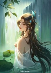 Rule 34 | 1girl, absurdres, bare shoulders, brown hair, closed mouth, doupo cangqiong, dress, earrings, expressionless, facial mark, forehead mark, gleam, gu xun er (doupo cangqiong), hair ornament, highres, in water, jewelry, leaf, lily pad, long hair, ning mengmeng, second-party source, solo, upper body, water, waterfall, white dress