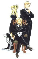 Rule 34 | 00s, 1girl, 2boys, alphonse elric, arakawa hiromu, arms at sides, blonde hair, blue eyes, bow, bowtie, brothers, chair, crossed legs, den (fma), dog, dress, earrings, edward elric, formal, fullmetal alchemist, gloves, highres, interlocked fingers, jewelry, looking at viewer, multiple boys, official art, own hands together, ponytail, siblings, simple background, sitting, socks, standing, stud earrings, suit, traditional bowtie, white background, winry rockbell, yellow eyes