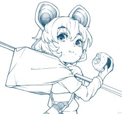Rule 34 | 1girl, :i, animal ears, dowsing rod, eating, food, food on face, from side, furoshiki, greyscale, hand up, holding, holding food, long sleeves, looking at viewer, looking back, monochrome, mouse ears, nazrin, onigiri, raised eyebrows, rice, rice on face, shima (landsuzume), shirt, short hair, simple background, solo, thermos, touhou, upper body, white background