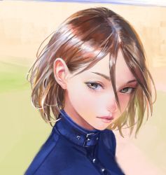 Rule 34 | 1girl, blurry, brown eyes, brown hair, buckle, buttons, closed mouth, expressionless, gradient background, hair between eyes, highres, lips, nababa, original, realistic, short hair, solo, upper body