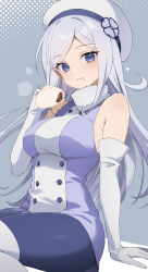 Rule 34 | 1girl, absurdres, aila jyrkiainen, baozi, bare shoulders, beret, blue eyes, blush, breasts, campbell xx, chewing, commentary, dress, eating, elbow gloves, flower, food, frown, fur collar, gloves, grey background, gundam, gundam build fighters, hair flower, hair ornament, hat, highres, long hair, medium breasts, pantyhose, parted bangs, simple background, sitting, sleeveless, sleeveless dress, solo, symbol-only commentary, white hair