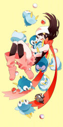 Rule 34 | 1girl, bare shoulders, beanie, black hair, boots, bow, creatures (company), dawn (pokemon), game freak, gen 4 pokemon, gum (gmng), gumidemo kandero, hair ornament, hairclip, hat, highres, nintendo, one eye closed, pink footwear, piplup, pokemon, pokemon (creature), red scarf, scarf, socks, starly, wink