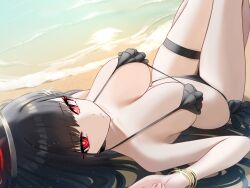 Rule 34 | 1girl, absurdres, beach, bikini, black bikini, black hair, blue archive, breasts, commentary request, halo, highres, knees up, large breasts, looking at viewer, lying, mijikayo, on back, outdoors, red eyes, rio (blue archive), solo, string bikini, swimsuit, thigh strap