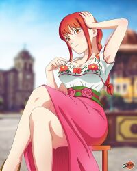 Rule 34 | 1girl, blurry, chainsaw man, crossed legs, depth of field, hand on own head, highres, looking at viewer, makima (chainsaw man), mexican dress, mexico, pink skirt, red eyes, red hair, ringed eyes, sitting, skirt, solo, user zfgk3835
