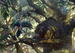 Rule 34 | animal, animal focus, artist name, bird, blue vest, clothed animal, commentary, dappled sunlight, day, forest, from side, highres, holding, house, ladder, leaf, mito (murayama ryota), moss, mouse, mouth hold, murayama ryota, nature, no humans, original, outdoors, scenery, signature, sunlight, talons, tree, treehouse, vest, walking, wide shot, wood