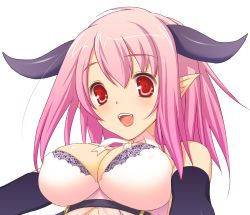 Rule 34 | 1girl, 47agdragon, bare shoulders, bra, breasts, cleavage, elbow gloves, fang, fangs, gloves, highres, horns, large breasts, long hair, open mouth, pink hair, pixiv fantasia, pixiv fantasia 4, pointy ears, red eyes, smile, solo, teeth, transparent background, underwear, upper body