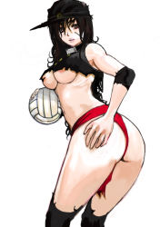 Rule 34 | 1girl, areola slip, ass, ball, banchou, bent over, black hair, breasts, delinquent, elbow pads, fundoshi, japanese clothes, kazaana, large breasts, long hair, nipple slip, nipples, original, red eyes, scar, solo, stitches, thighhighs, torn clothes, underboob, visor, visor cap, volleyball, volleyball (object)