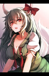Rule 34 | 1girl, blush, bow, breasts, cleavage, dress, ex-keine, female focus, green hair, hair between eyes, horn bow, horns, kamishirasawa keine, large breasts, letterboxed, long hair, looking at viewer, nakaichi (ridil), open mouth, red eyes, solo, tail, touhou, untied
