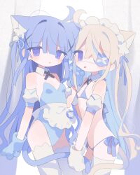 Rule 34 | 2girls, ahoge, animal ear fluff, animal ears, animal hands, apron, bare shoulders, bikini, blonde hair, blue bikini, blue gloves, blue hair, blue leotard, blue ribbon, breasts, cat ears, cat girl, cat tail, commentary, cowboy shot, cross tie, daizu (melon-lemon), detached collar, detached sleeves, extra ears, eyepatch, eyes visible through hair, flat chest, frilled apron, frills, gloves, hair ornament, hair ribbon, hand up, highres, holding another&#039;s arm, holding another&#039;s tail, leotard, long bangs, long hair, looking at viewer, maid headdress, medical eyepatch, multiple girls, name tag, one eye covered, original, parted lips, paw gloves, petite, puffy short sleeves, puffy sleeves, purple eyes, ribbon, short sleeves, side-tie bikini bottom, small breasts, standing, strapless, strapless leotard, string bikini, swimsuit, tail, thighhighs, tongue, tongue out, very long hair, white apron, white gloves, white thighhighs
