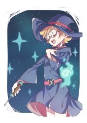Rule 34 | 1girl, :d, belt, blonde hair, closed eyes, cowboy shot, freckles, hand on own chest, hand up, hat, highres, holding, hood, hood down, hooded robe, little witch academia, long sleeves, lotte jansson, open mouth, purple hat, purple robe, red-framed eyewear, robe, round teeth, semi-rimless eyewear, short hair, smile, solo, standing, tama (tama-s), teeth, under-rim eyewear, wand, witch, witch hat