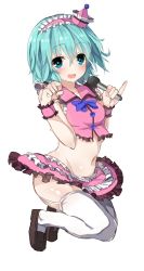 Rule 34 | 1girl, adapted costume, alternate costume, alternate headwear, bare shoulders, blue eyes, blue hair, blush, bow, bowtie, crop top, crop top overhang, full body, greatmosu, hairband, hat, highres, jumping, looking at viewer, matching hair/eyes, md5 mismatch, merlin prismriver, microphone, midriff, miniskirt, navel, open mouth, resized, resolution mismatch, shoes, short hair, simple background, skirt, sleeveless, smile, solo, source larger, symbol-shaped pupils, thighhighs, touhou, upskirt, white background, white thighhighs, wrist cuffs, zettai ryouiki