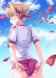 Rule 34 | 10s, 1girl, adjusting buruma, adjusting clothes, ahoge, ass, bad id, bad pixiv id, blonde hair, blouse, blue sky, blurry, blurry foreground, blush, braid, braided bun, buruma, cloud, cloudy sky, commentary request, crown braid, day, depth of field, dutch angle, fate/extra, fate (series), from behind, green eyes, grey shirt, gym shirt, gym uniform, hair between eyes, hair bun, hair intakes, headband, highres, kudou maimu, light brown hair, looking away, nero claudius (fate), nero claudius (fate) (all), nero claudius (fate/extra), nero claudius (olympian bloomers) (fate), official alternate costume, outdoors, parted lips, pennant, petals, profile, puffy short sleeves, puffy sleeves, red buruma, red headband, shirt, short sleeves, sidelocks, single hair bun, sky, solo, standing, string of flags, twitter username, white shirt