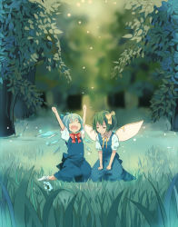 Rule 34 | 2girls, arms up, bad id, bad pixiv id, blue dress, blue hair, blurry, cirno, closed eyes, daiyousei, dress, fairy wings, forest, frog, frozen, frozen frog, green hair, hair ornament, hair ribbon, ice, ice wings, landscape, multiple girls, nature, on ground, open mouth, puffy sleeves, red medicine, ribbon, scenery, short hair, short sleeves, side ponytail, sitting, smile, socks, touhou, tree, wings