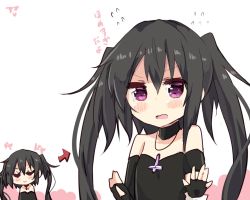 Rule 34 | 1girl, amano kouki, bare shoulders, black hair, blush, choker, collarbone, cross, cross necklace, crossed fingers, fingerless gloves, gloves, jewelry, long hair, looking at viewer, necklace, note-chan, open mouth, original, portrait, purple eyes, simple background, solo, translation request, twintails, wavy mouth