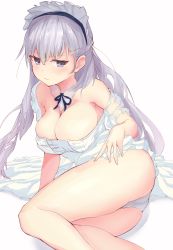 Rule 34 | 1girl, alternate costume, ass, azur lane, bad id, bad pixiv id, bare legs, belfast (azur lane), blue ribbon, blush, braid, breasts, cleavage, closed mouth, detached collar, dress, french braid, grey hair, hair between eyes, large breasts, long hair, looking at viewer, lying, maid headdress, metsu end, neck ribbon, off-shoulder dress, off shoulder, on side, panties, purple eyes, ribbon, simple background, solo, thick thighs, thighs, underwear, white background, white dress, white panties