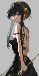 Rule 34 | 1girl, absurdres, arms behind back, artificial flower, bare shoulders, black dress, black hair, breasts, closed mouth, cowboy shot, dagger, dress, dual wielding, flower, from behind, grey background, hair flower, hair ornament, highres, holding, holding weapon, knife, looking at viewer, looking back, medium breasts, raiya atelier, red eyes, short hair with long locks, sidelocks, simple background, sleeveless, sleeveless dress, solo, spy x family, weapon, yellow flower, yor briar