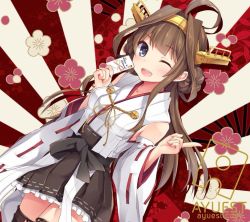 Rule 34 | 1girl, ;d, ahoge, bankoku ayuya, bare shoulders, brown hair, detached sleeves, double bun, hairband, headgear, japanese clothes, kantai collection, kongou (kancolle), long hair, nontraditional miko, one eye closed, open mouth, remodel (kantai collection), ribbon-trimmed sleeves, ribbon trim, skirt, smile